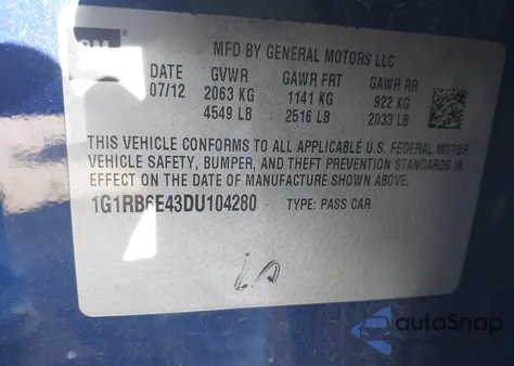 2013 Chevrolet Volt z USA, uszkodzony, nr VIN 1G1RB6E43DU104280